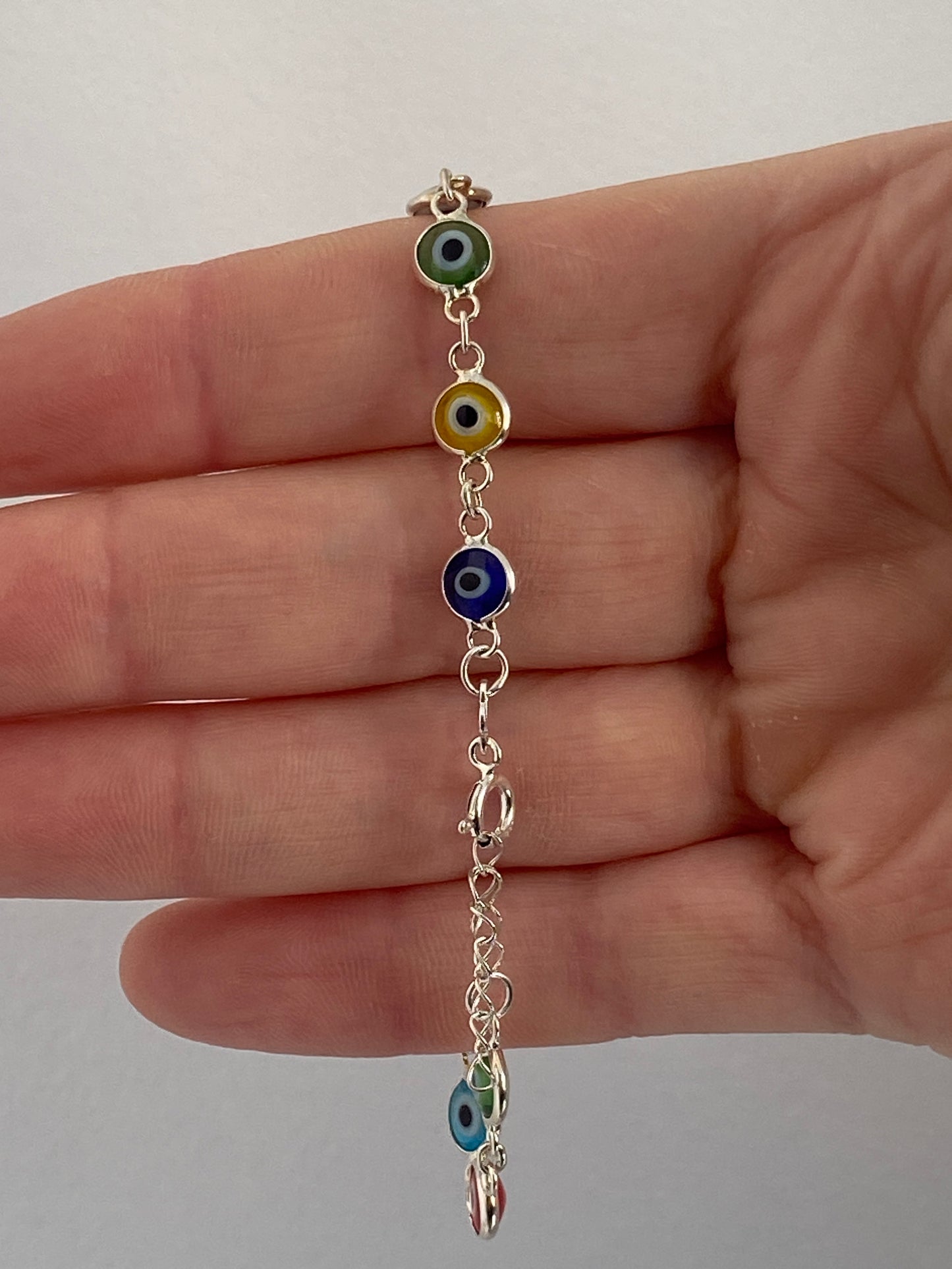 Pulsera Plata Triple Protección (Ojo Turco, Tetragramatón, Nudo Bruja)