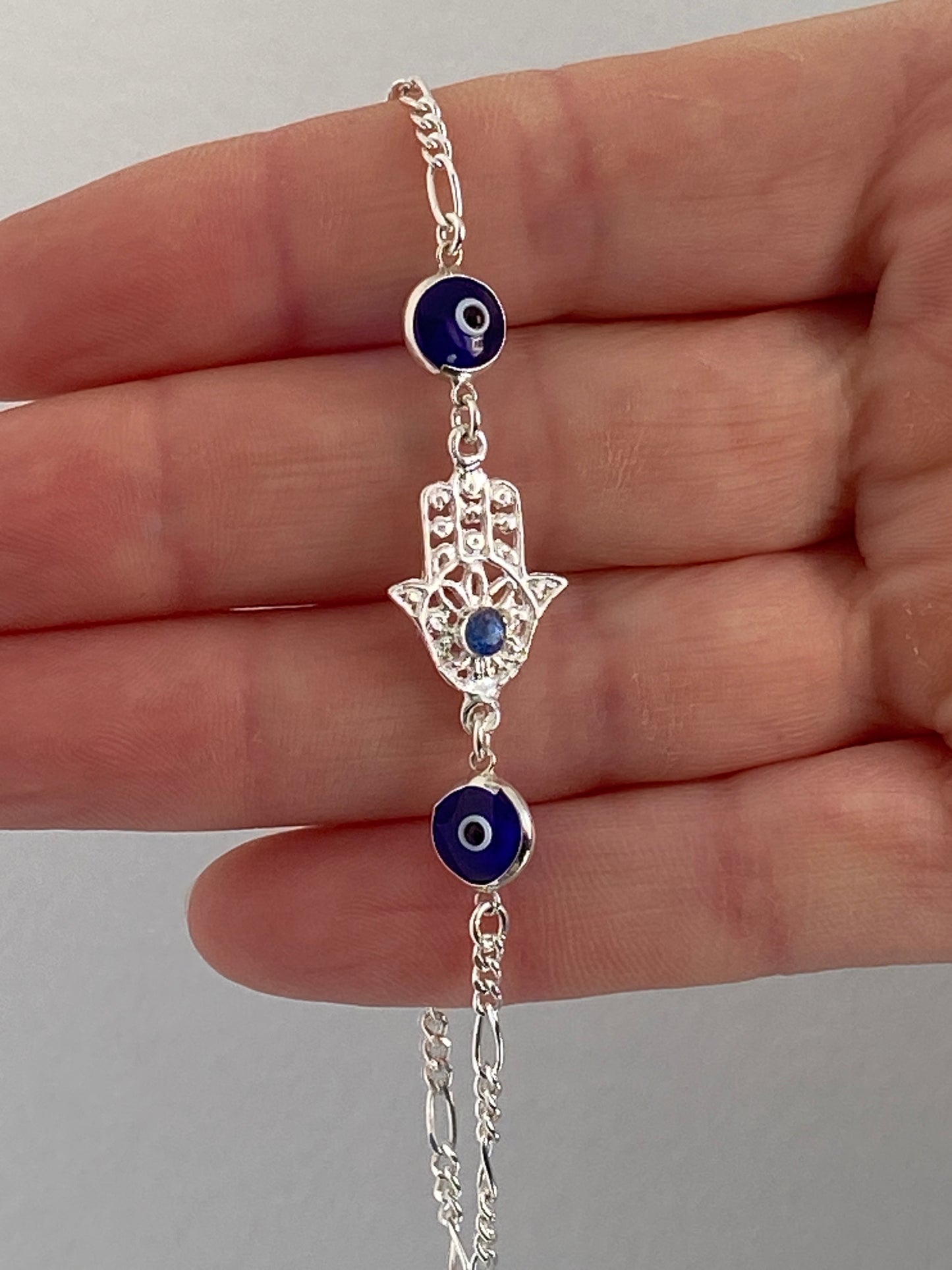 Pulsera Plata Triple Protección (Ojo Turco, Mano Fátima)