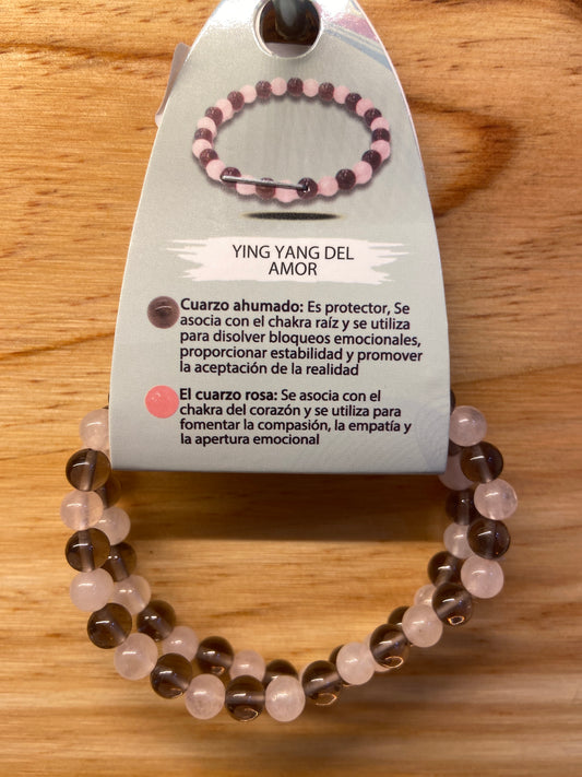 Pulsera "Ying Yang del Amor" Cuarzo Ahumado y Cuarzo Rosa
