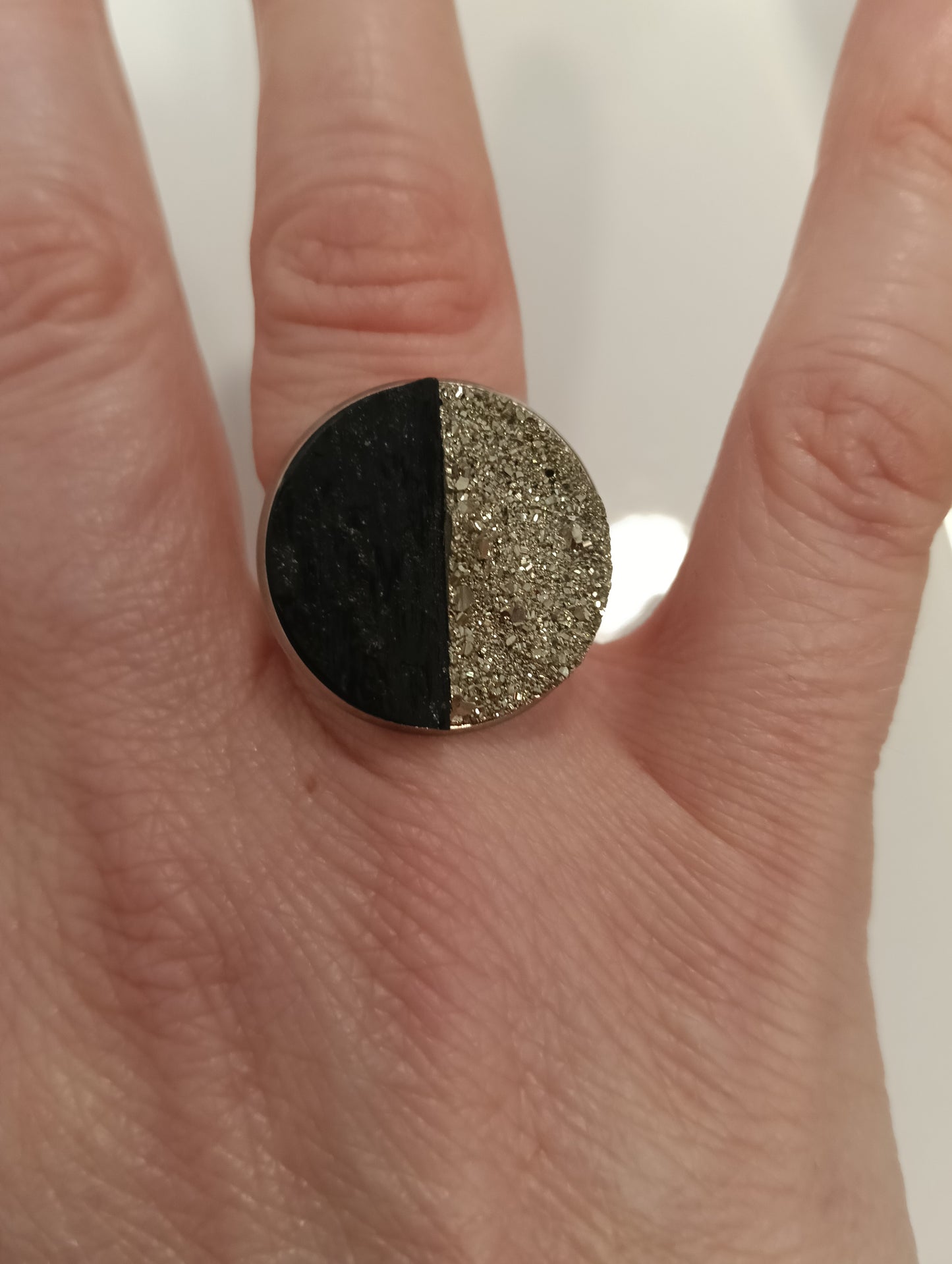Anillo ajustable acero, turmanila y pirita ✨🪬